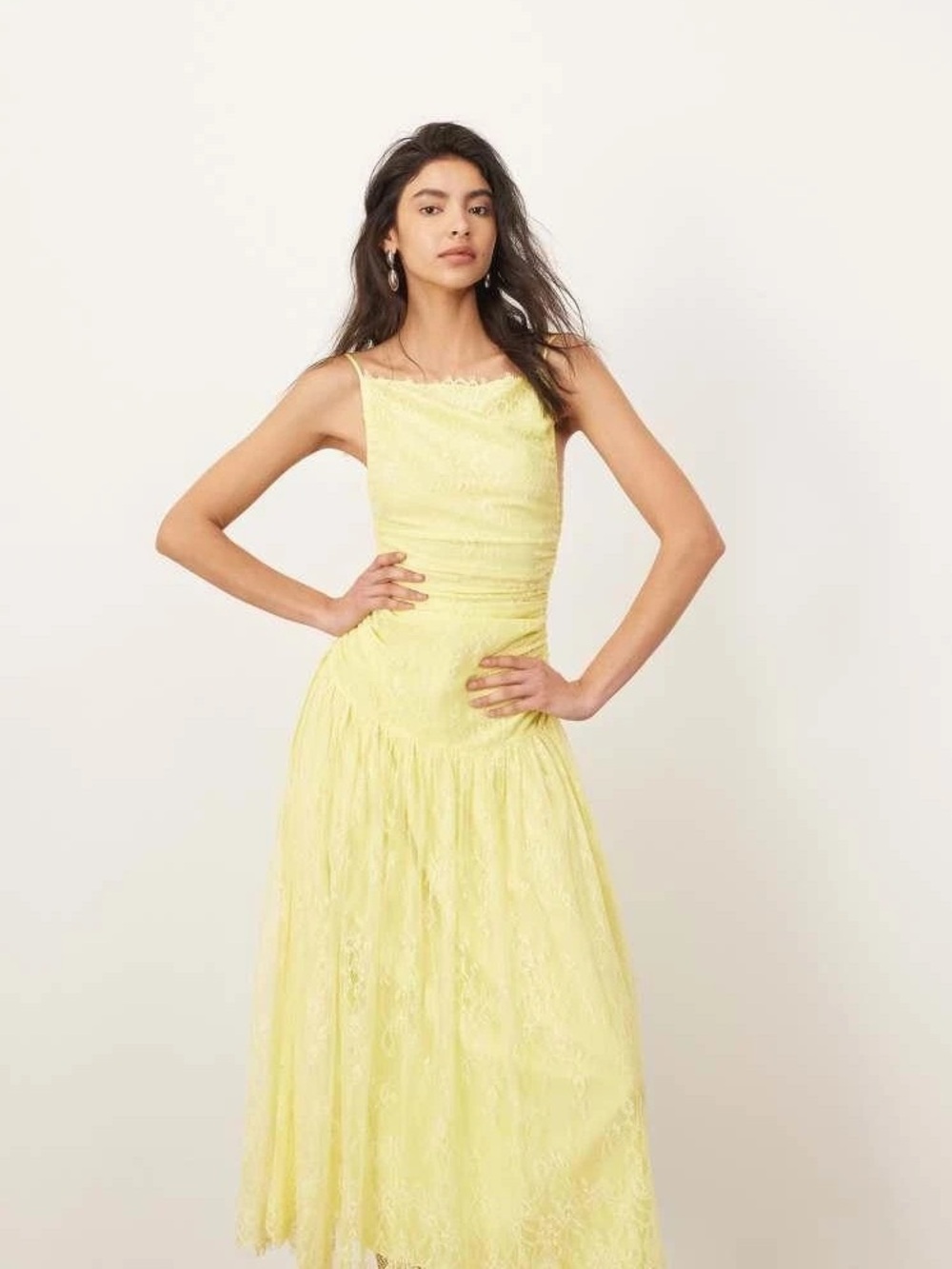 ARRANGE lace ruched dropped waist midi dress in lemon | ASOS US 10